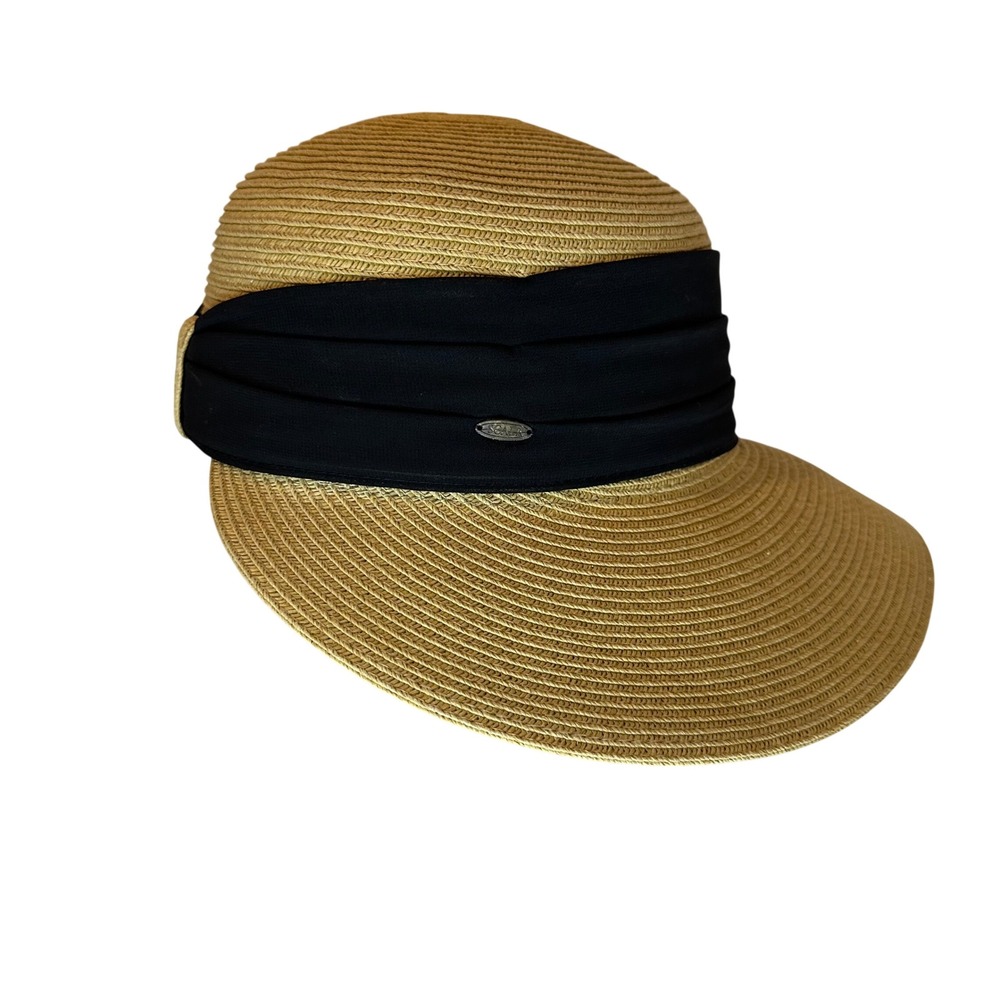 Scala Collezione Sun Hat Womens OS Tan Black Band Wide Brim Straw Beach Classic